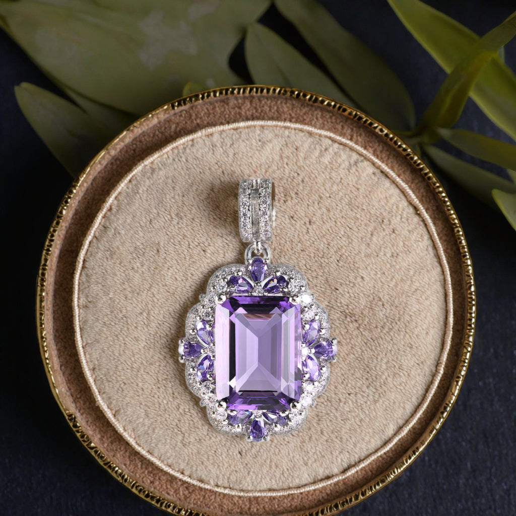 Graceful 925 Silver Jewelry Rhodium Plated Natural Amethyst Pendant Emerald Cut