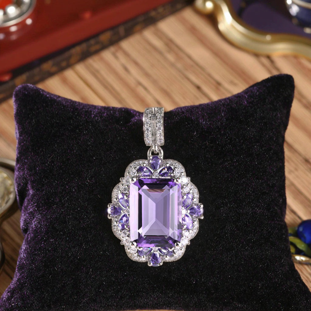 Graceful 925 Silver Jewelry Rhodium Plated Natural Amethyst Pendant Emerald Cut