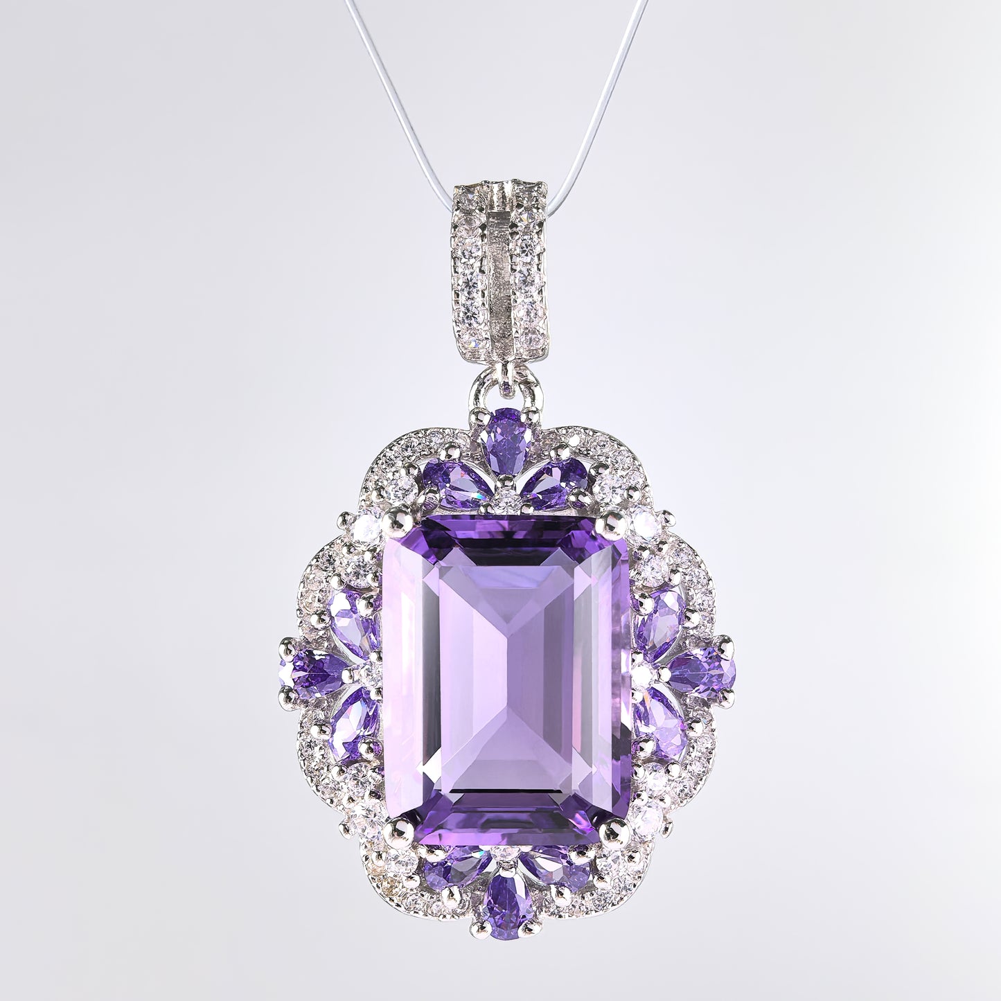 Graceful 925 Silver Jewelry Rhodium Plated Natural Amethyst Pendant Emerald Cut