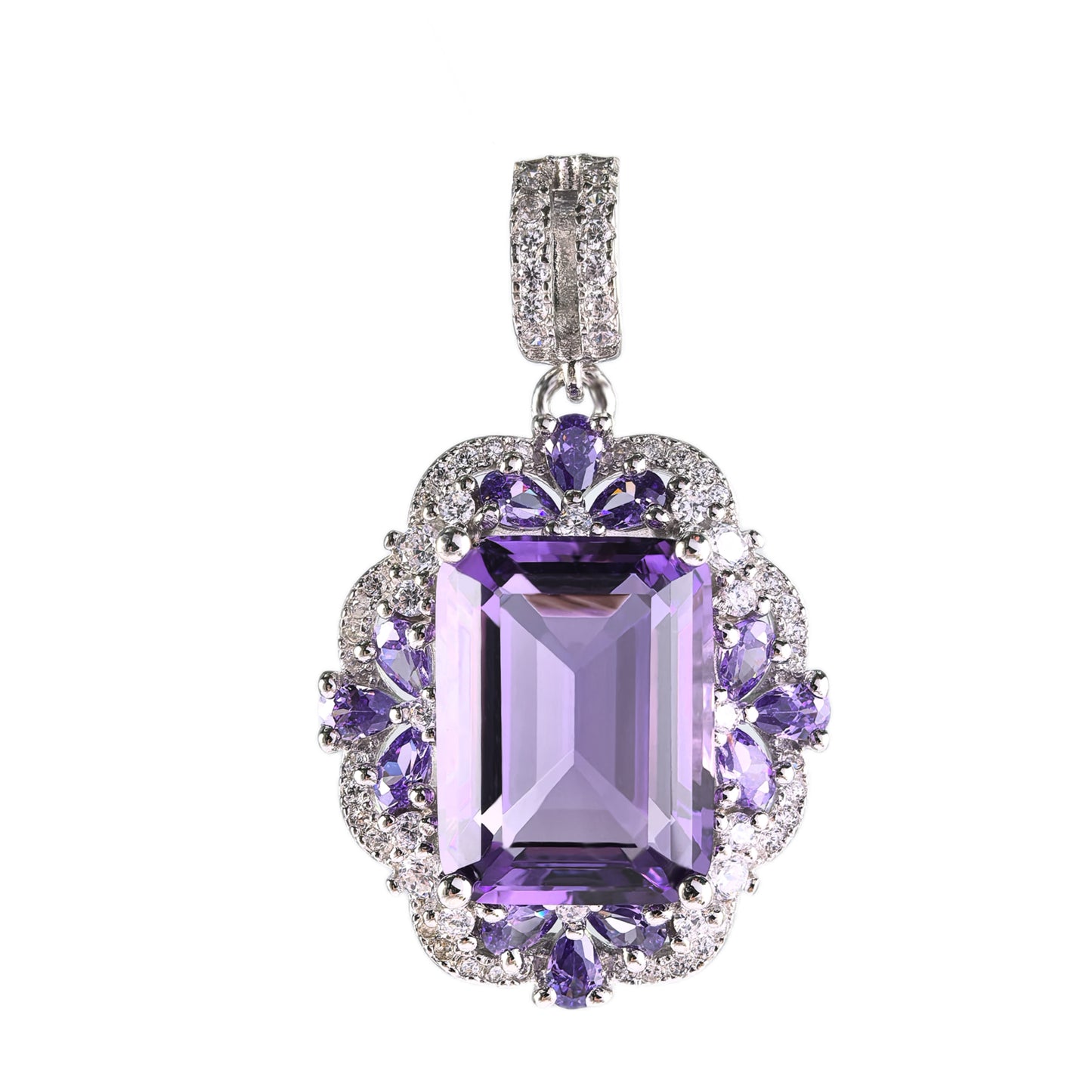 Graceful 925 Silver Jewelry Rhodium Plated Natural Amethyst Pendant Emerald Cut