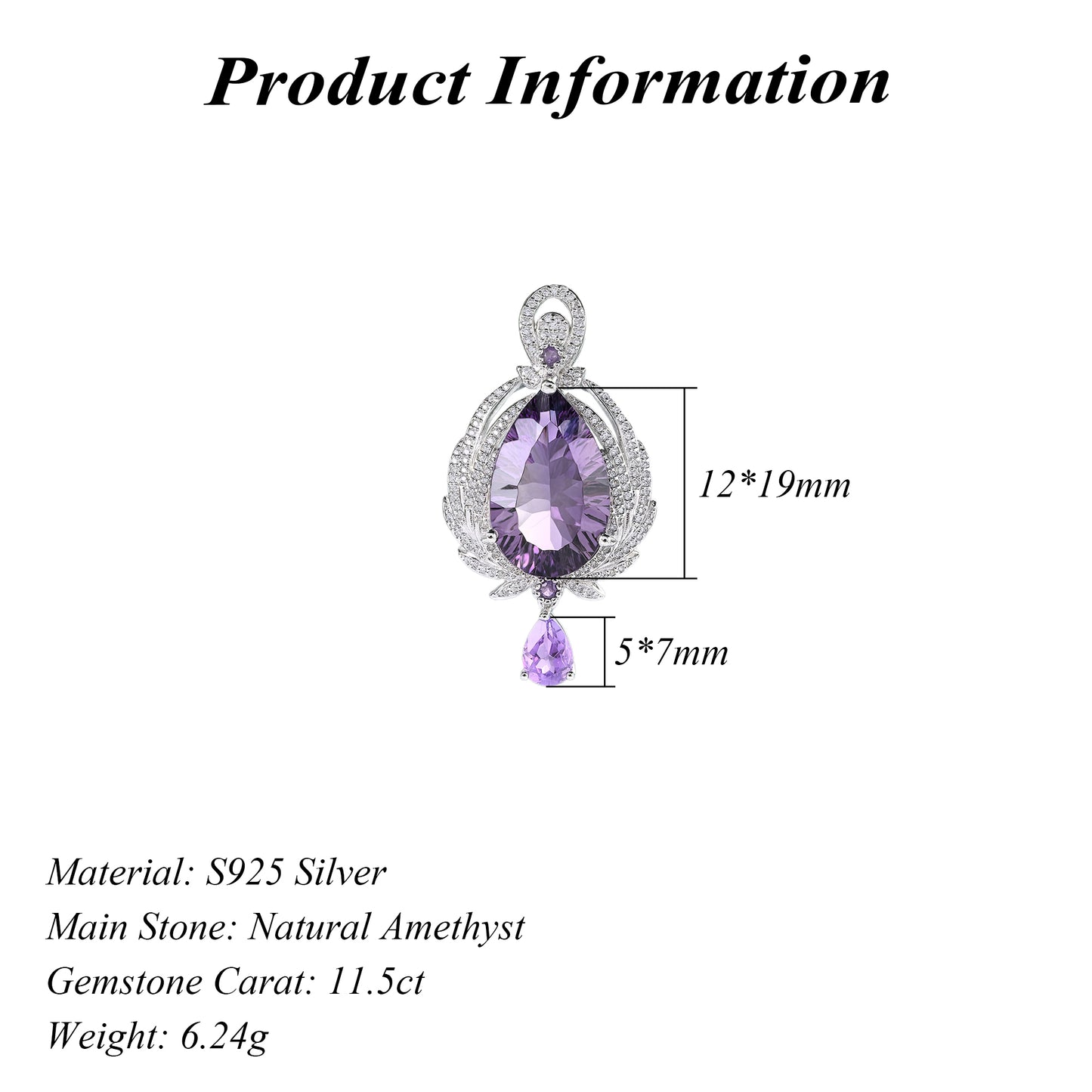 Graceful Rhodium Plated Silver 925 Jewelry Natural Amethyst Pendant