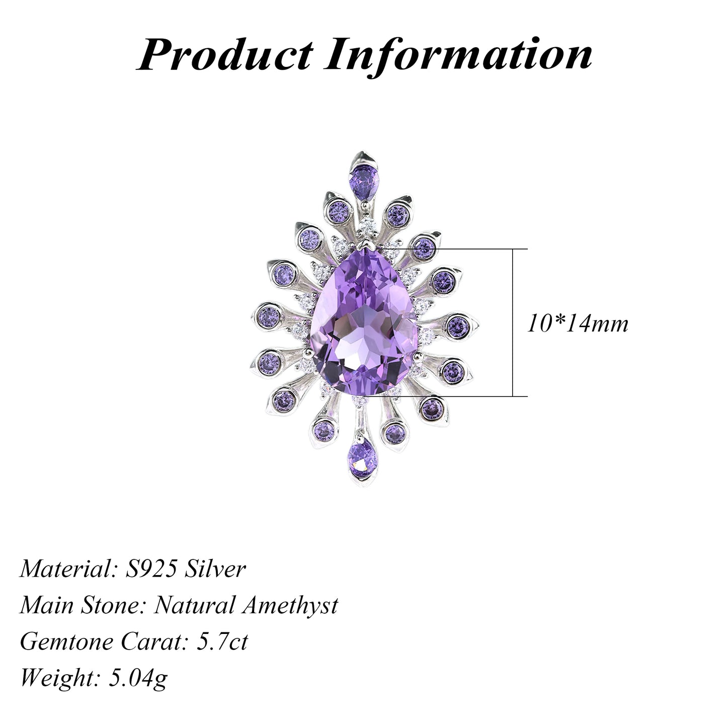 Sparkling Rhodium Plated 925 Silver Jewelry Natural Amethyst Pendant