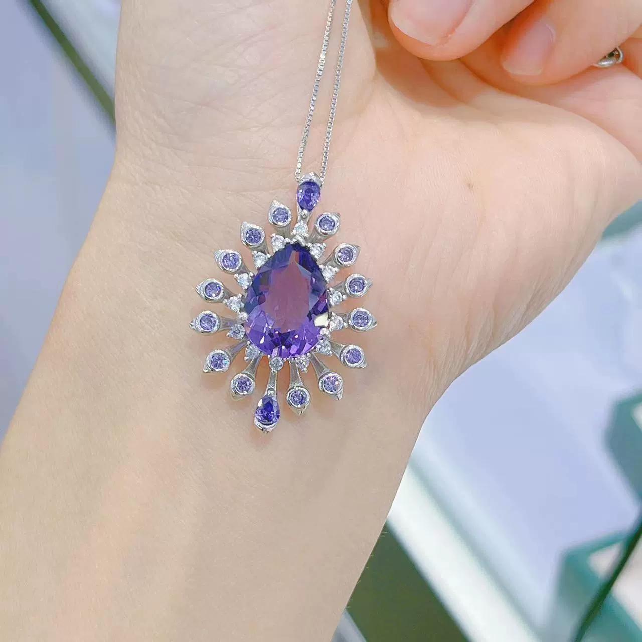 Sparkling Rhodium Plated 925 Silver Jewelry Natural Amethyst Pendant