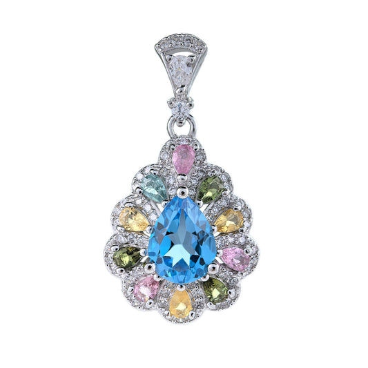 Exquisite Rhodium Plated Silver 925 Natural Swiss Blue Topaz Flower Pendant