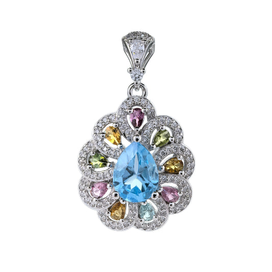 Gorgeous Rhodium Plated 925 Silver Natural Swiss Blue Topaz Pendant