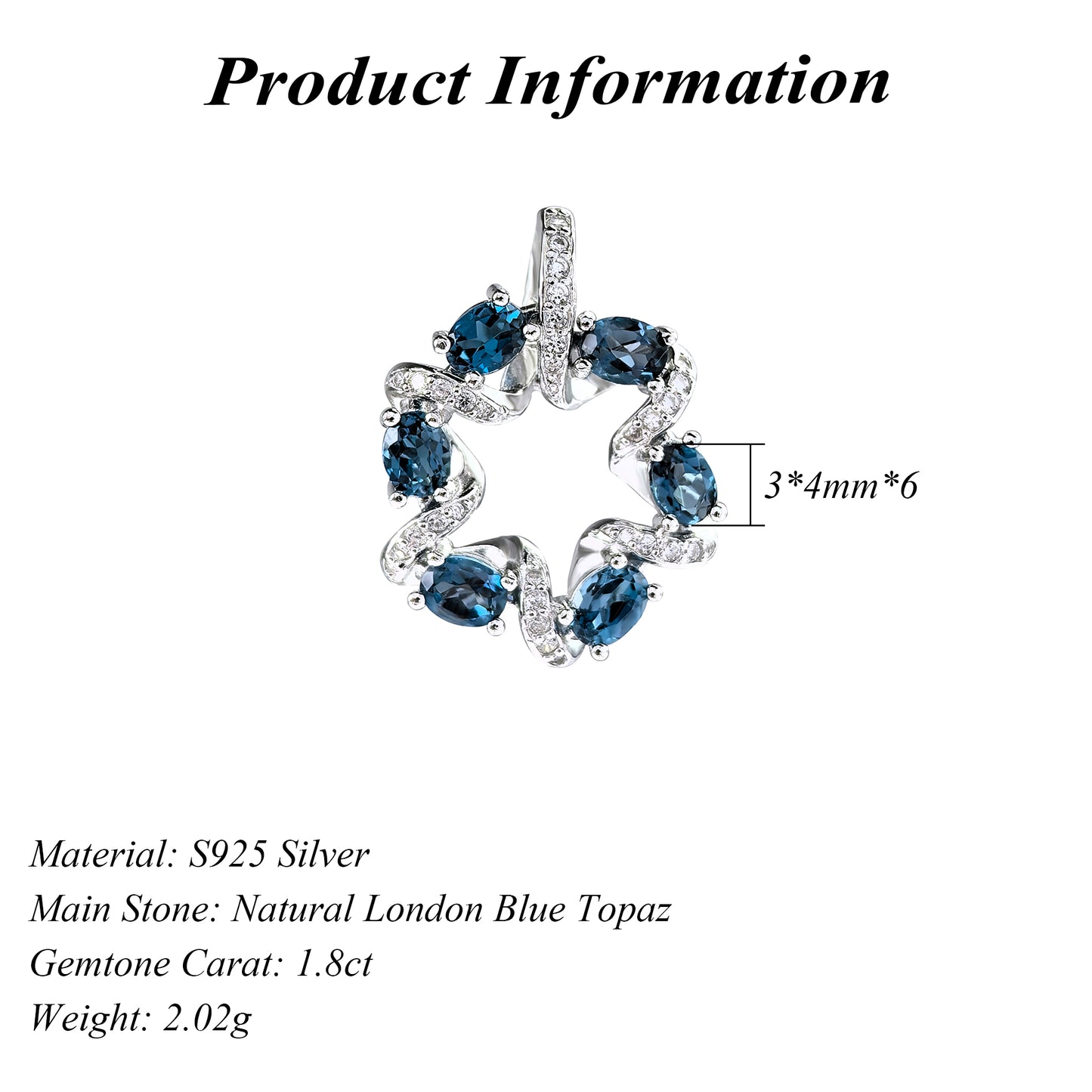 Charming Rhodium Plated 925 Silver Jewelry Natural London Blue Topaz Pendant