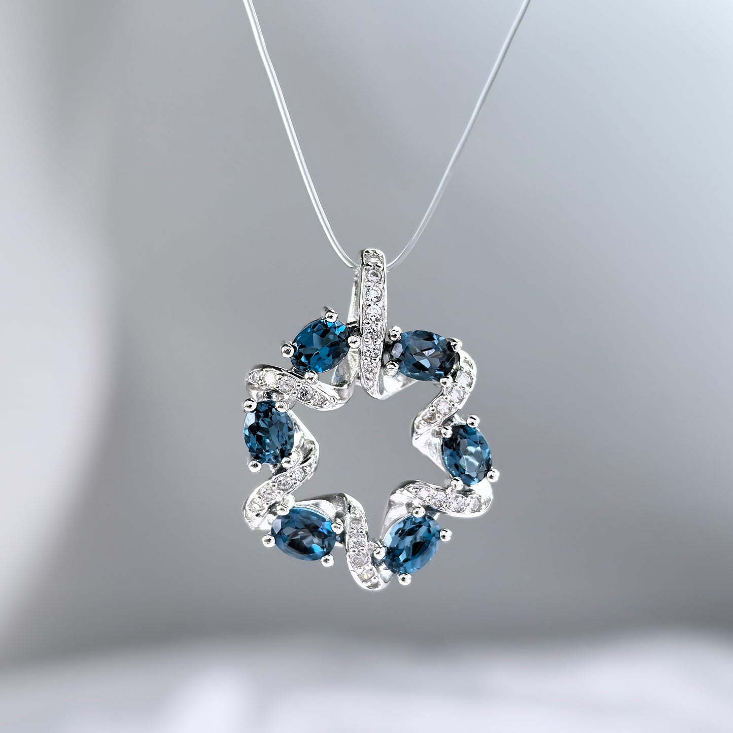 Charming Rhodium Plated 925 Silver Jewelry Natural London Blue Topaz Pendant