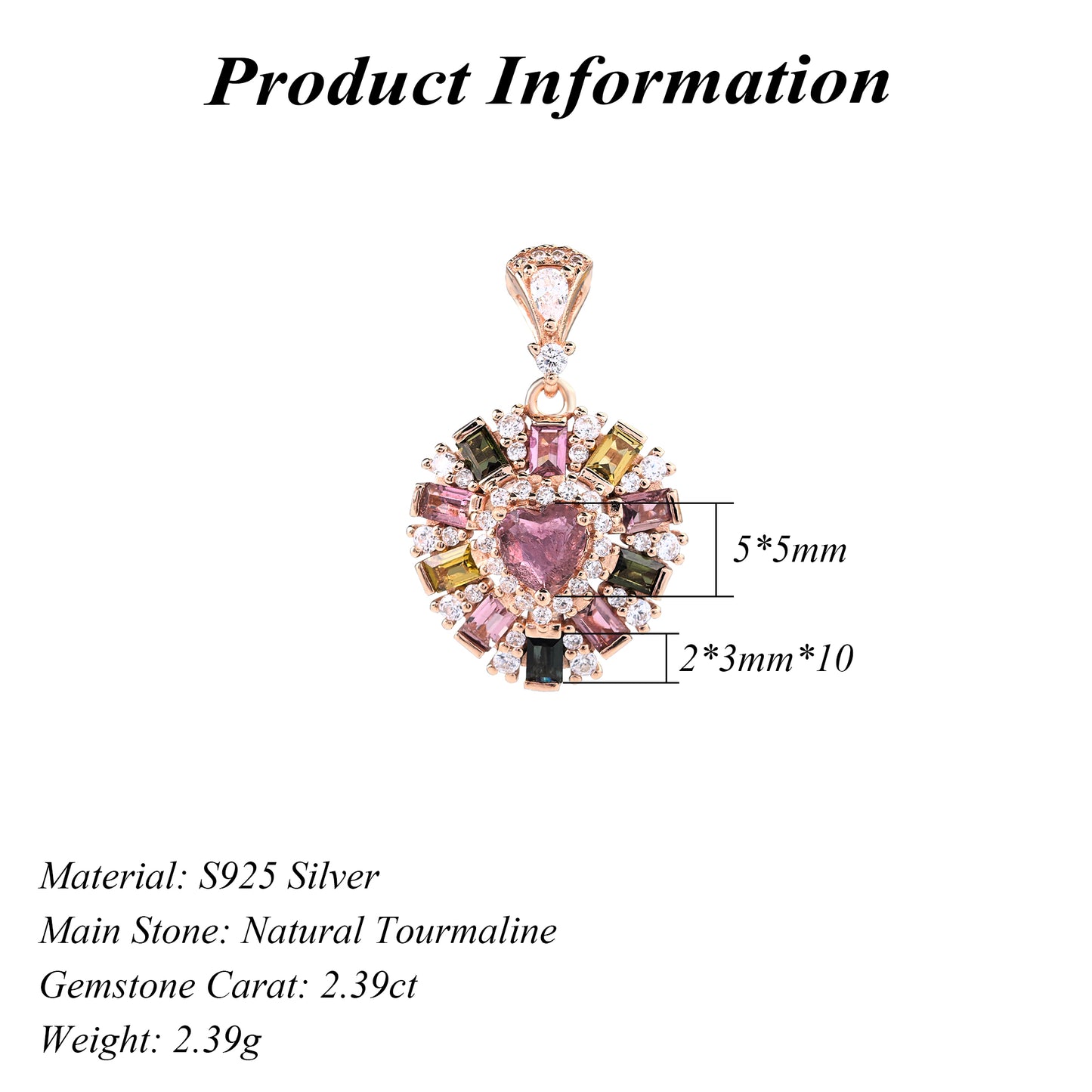 Charming Rose Gold Plated 925 Sterling Silver Natural Tourmaline Heart Pendant