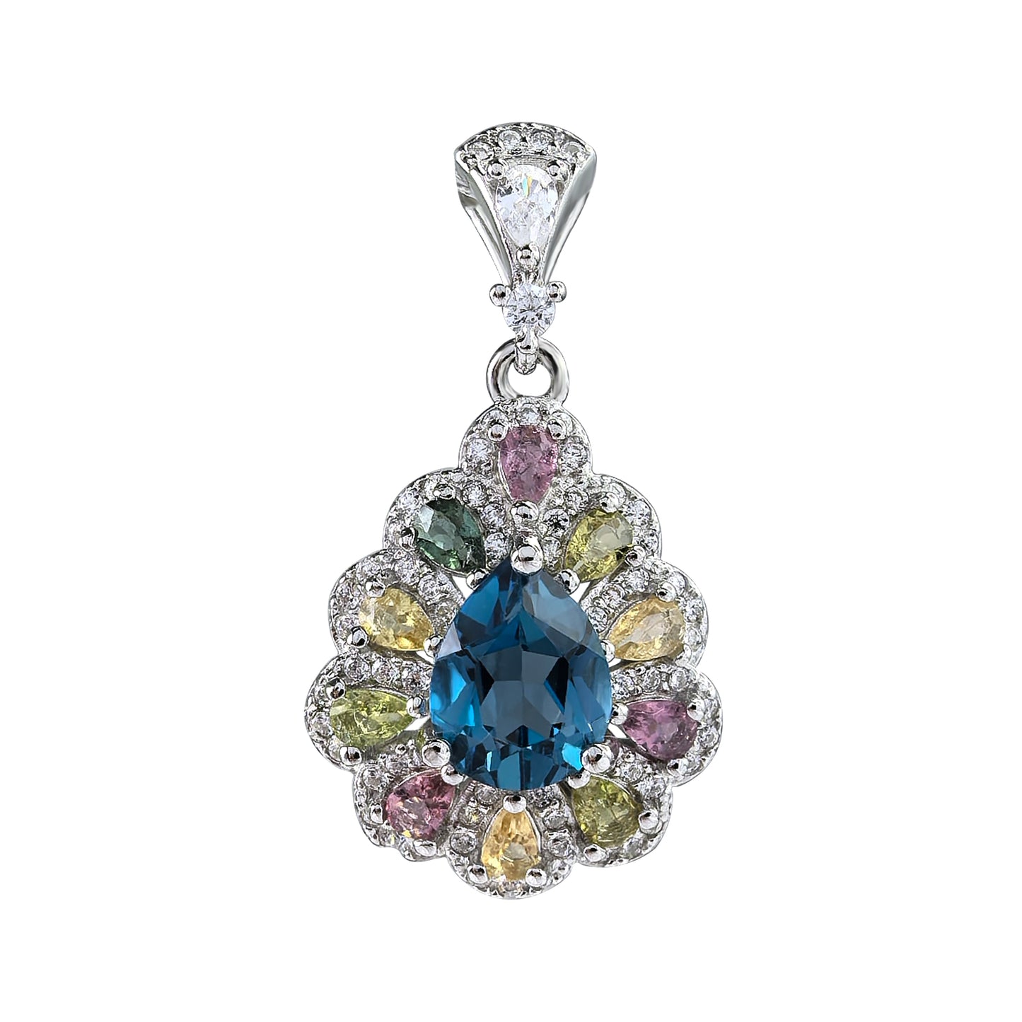 Delicate Rhodium Plated 925 Sterling Silver Natural London Blue Topaz Pendant