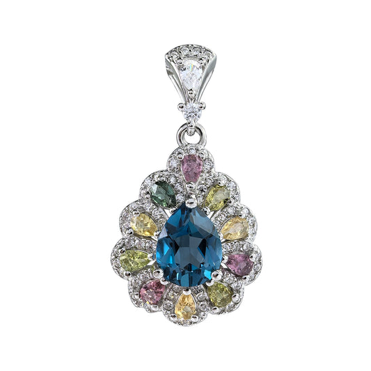 Delicate Rhodium Plated 925 Sterling Silver Natural London Blue Topaz Pendant