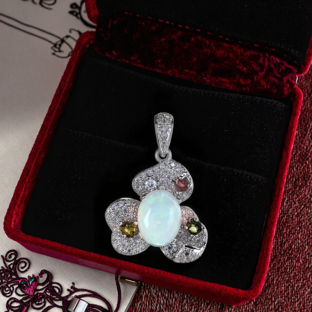 Charming 925 Silver Rhodium Plated Opal Stone Pendant Fine Jewellery