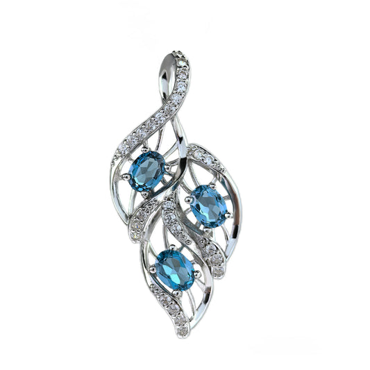 Exquisite Rhodium Plated 925 Sterling Silver Natural London Blue Topaz Leaf Pendant