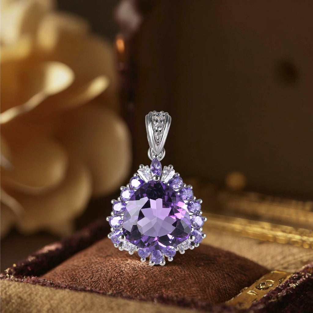 Unique Rhodium Plated 925 Plata Trillion Cut Amethyst Natural Stone Pendant