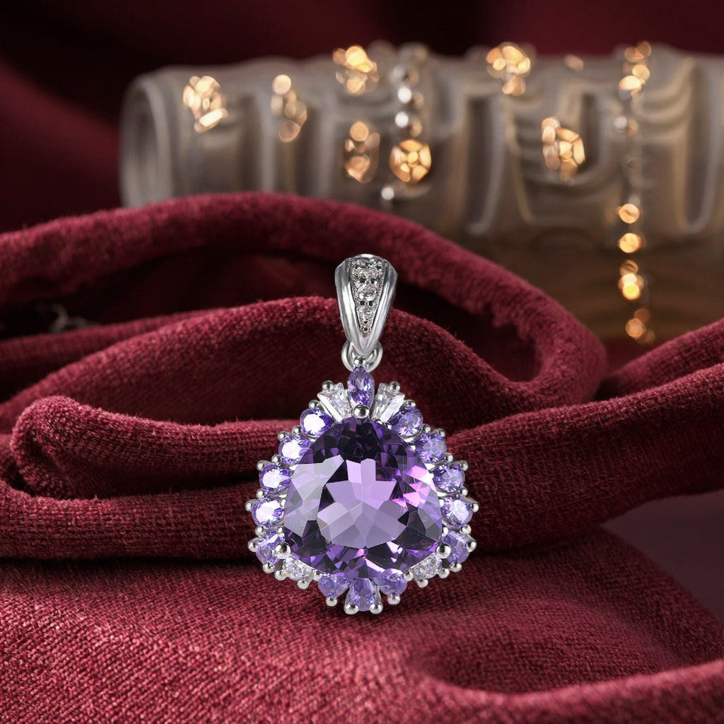 Unique Rhodium Plated 925 Plata Trillion Cut Amethyst Natural Stone Pendant
