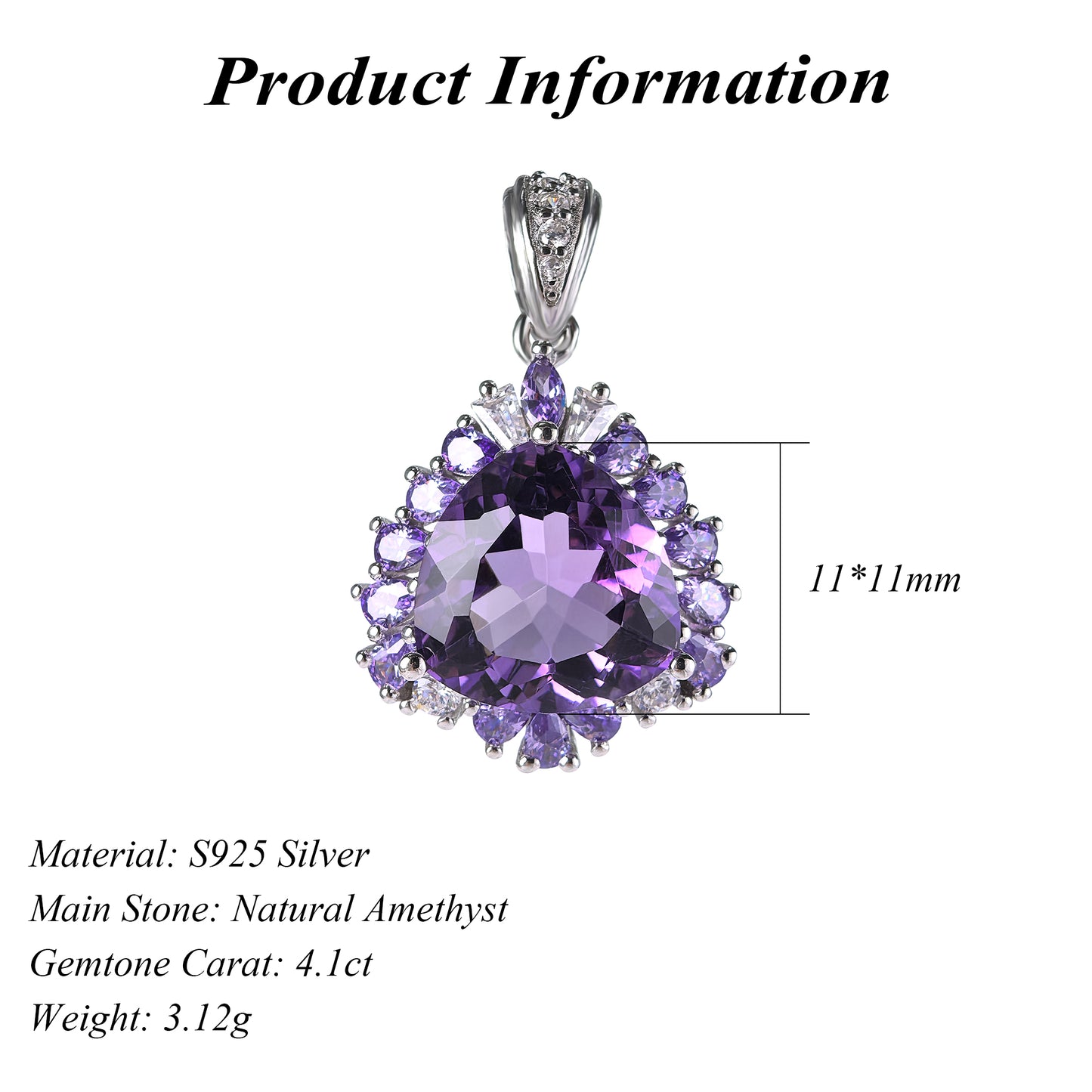 Unique Rhodium Plated 925 Plata Trillion Cut Amethyst Natural Stone Pendant