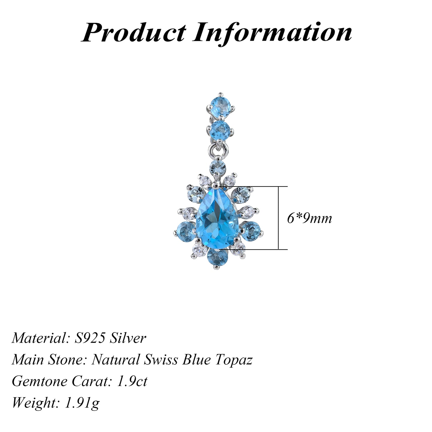 Unique Rhodium Plated 925 Silver Natural for Swiss Blue Topaz Pendant
