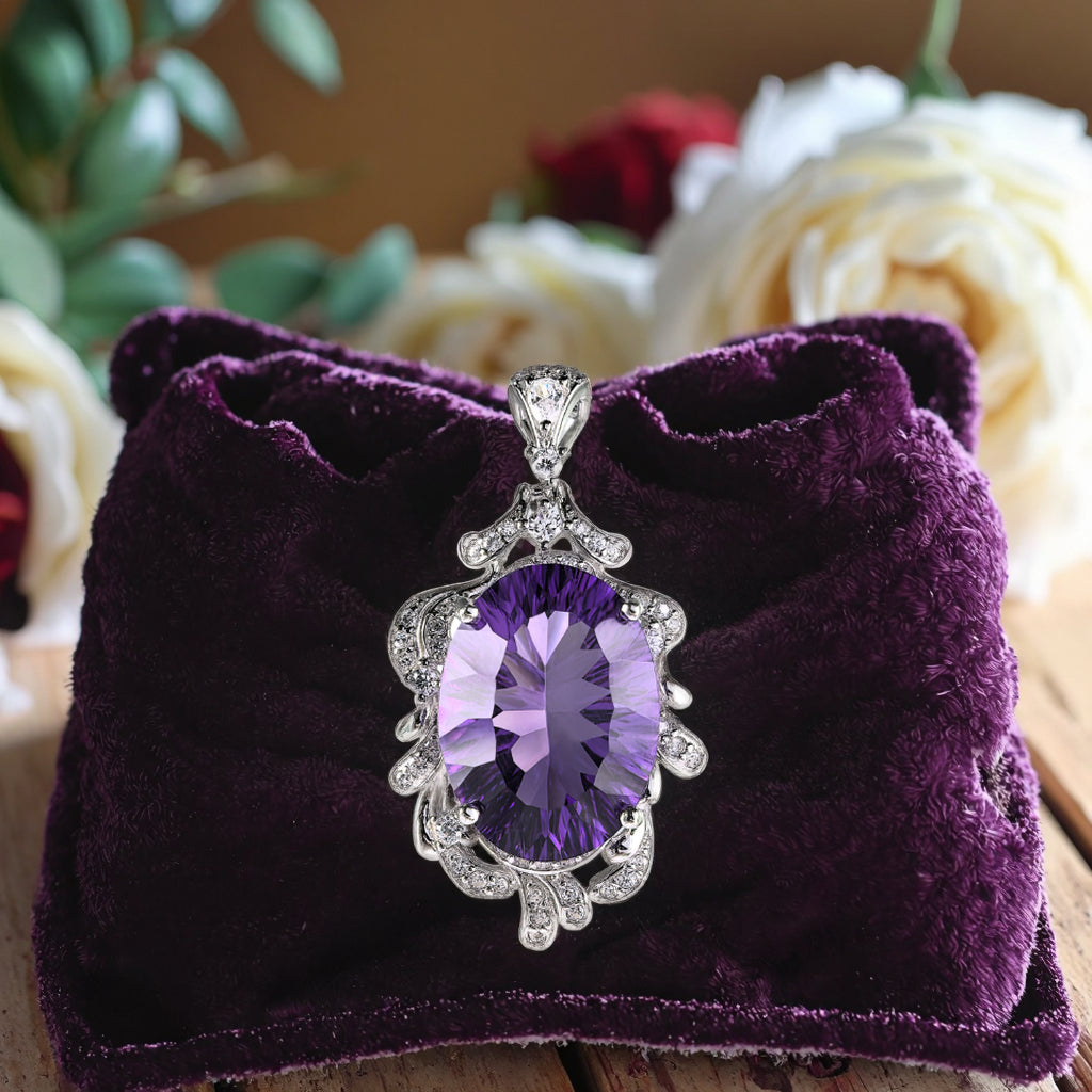 925 Sterling Silver Natural Amethyst Pendant Precious Rhodium Plated