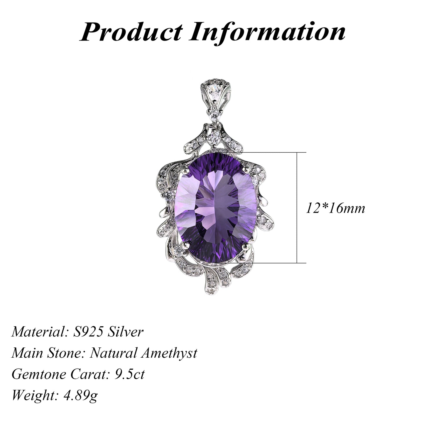 925 Sterling Silver Natural Amethyst Pendant Precious Rhodium Plated