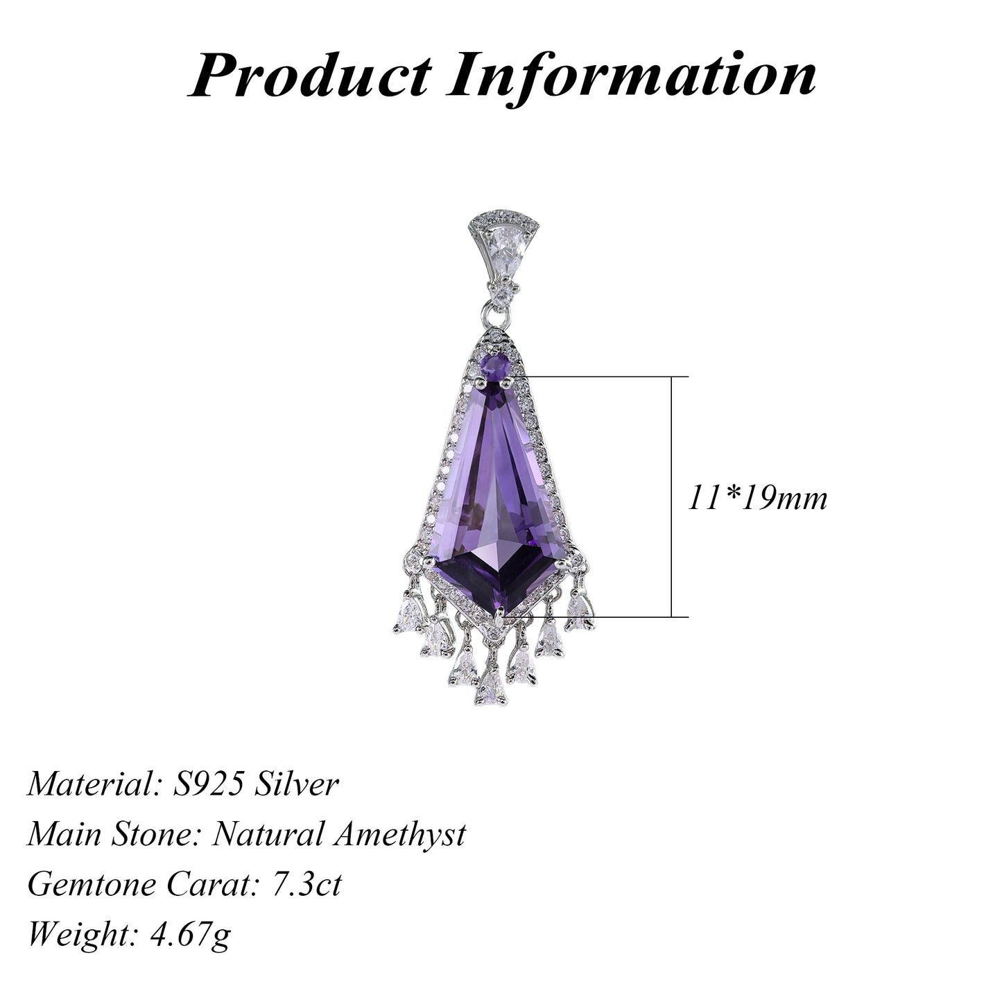 Unique Rhodium Plated 925 Sterling Silver Natural Amethyst Pendant