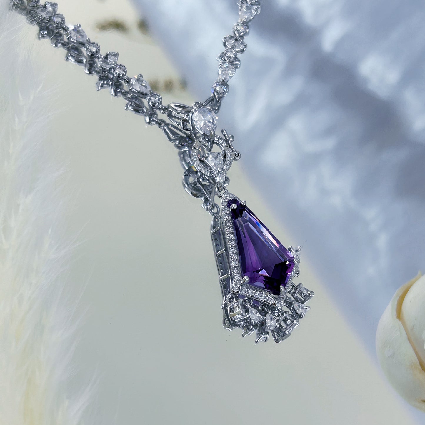 Unique Rhodium Plated 925 Sterling Silver Natural Amethyst Pendant