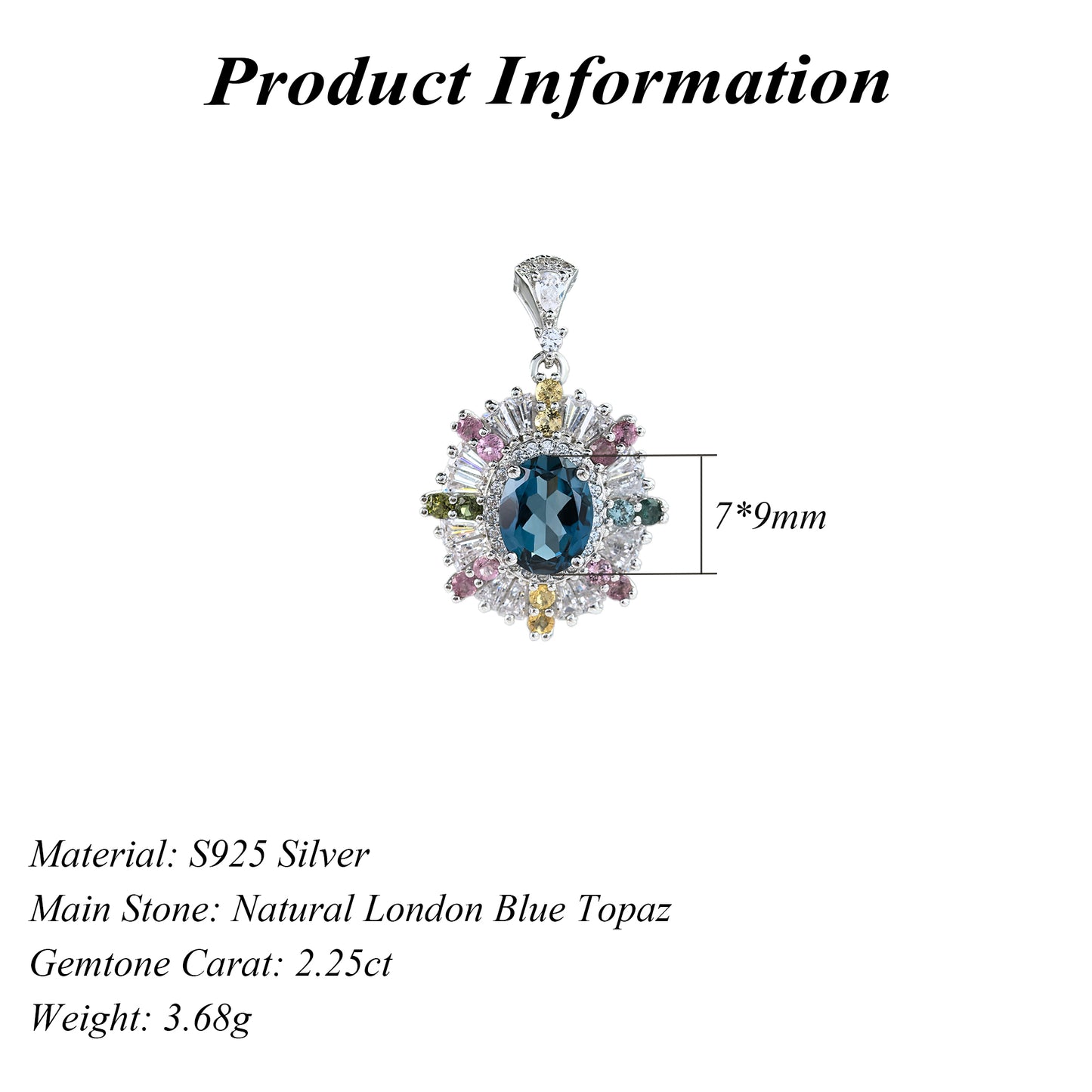 Delicate Rhodium Plated 925 Sterling Silver Natural London Blue Topaz Pendant