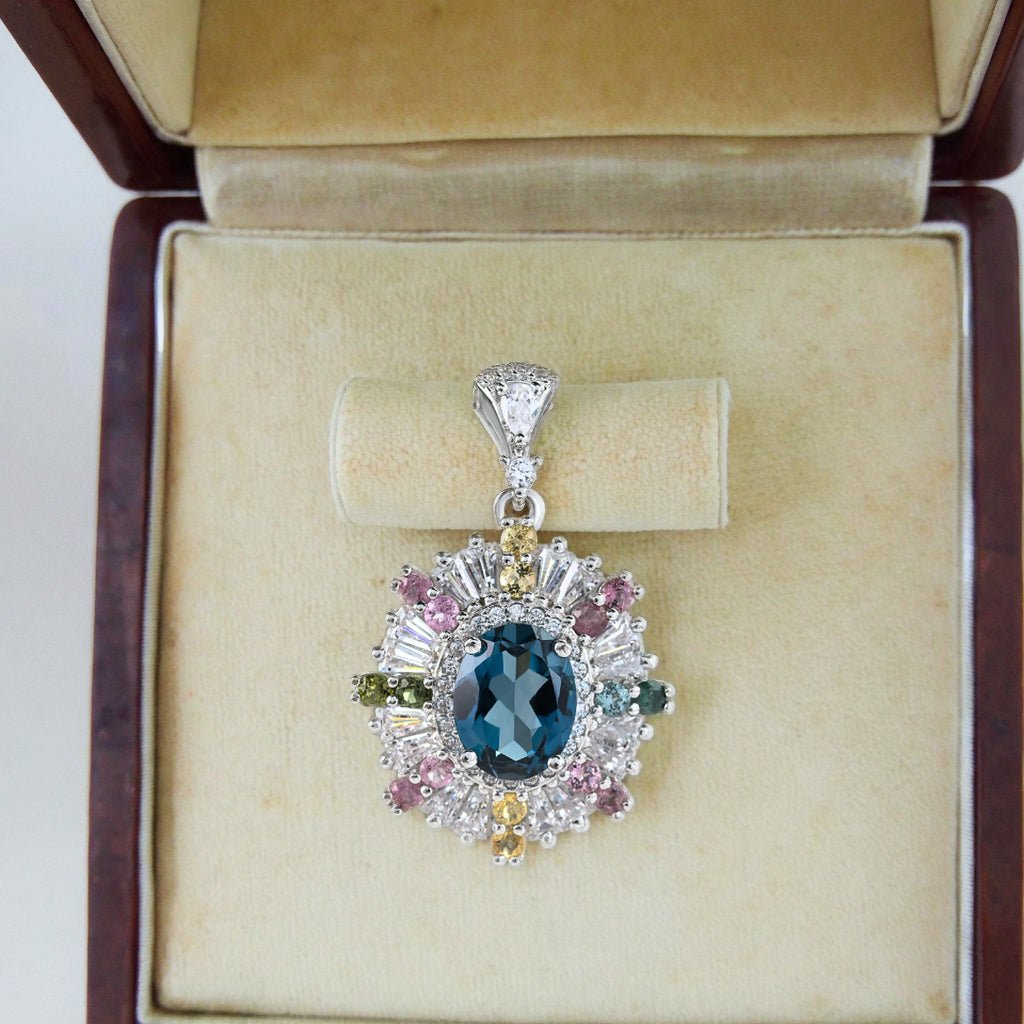 Delicate Rhodium Plated 925 Sterling Silver Natural London Blue Topaz Pendant