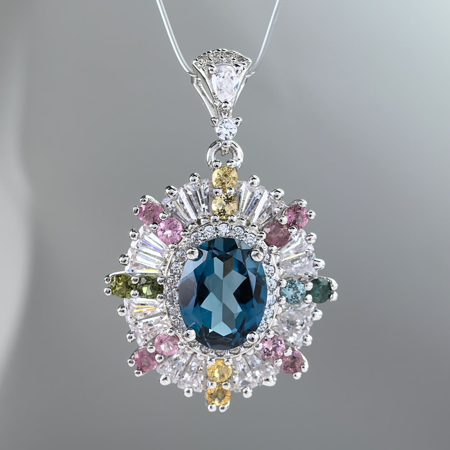 Delicate Rhodium Plated 925 Sterling Silver Natural London Blue Topaz Pendant