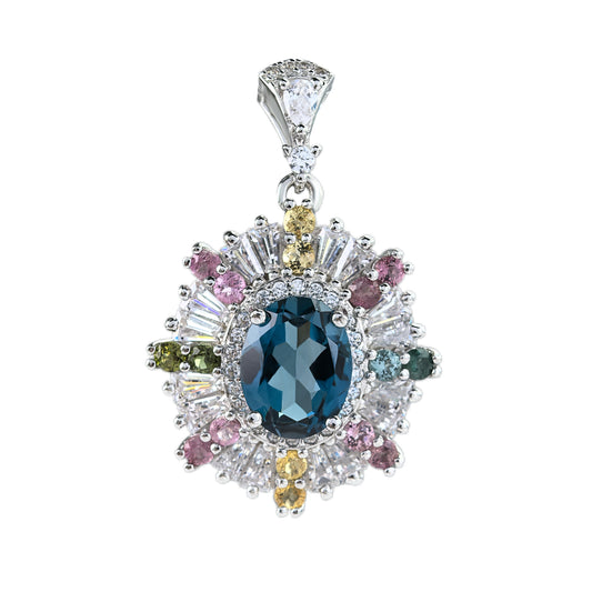 Delicate Rhodium Plated 925 Sterling Silver Natural London Blue Topaz Pendant