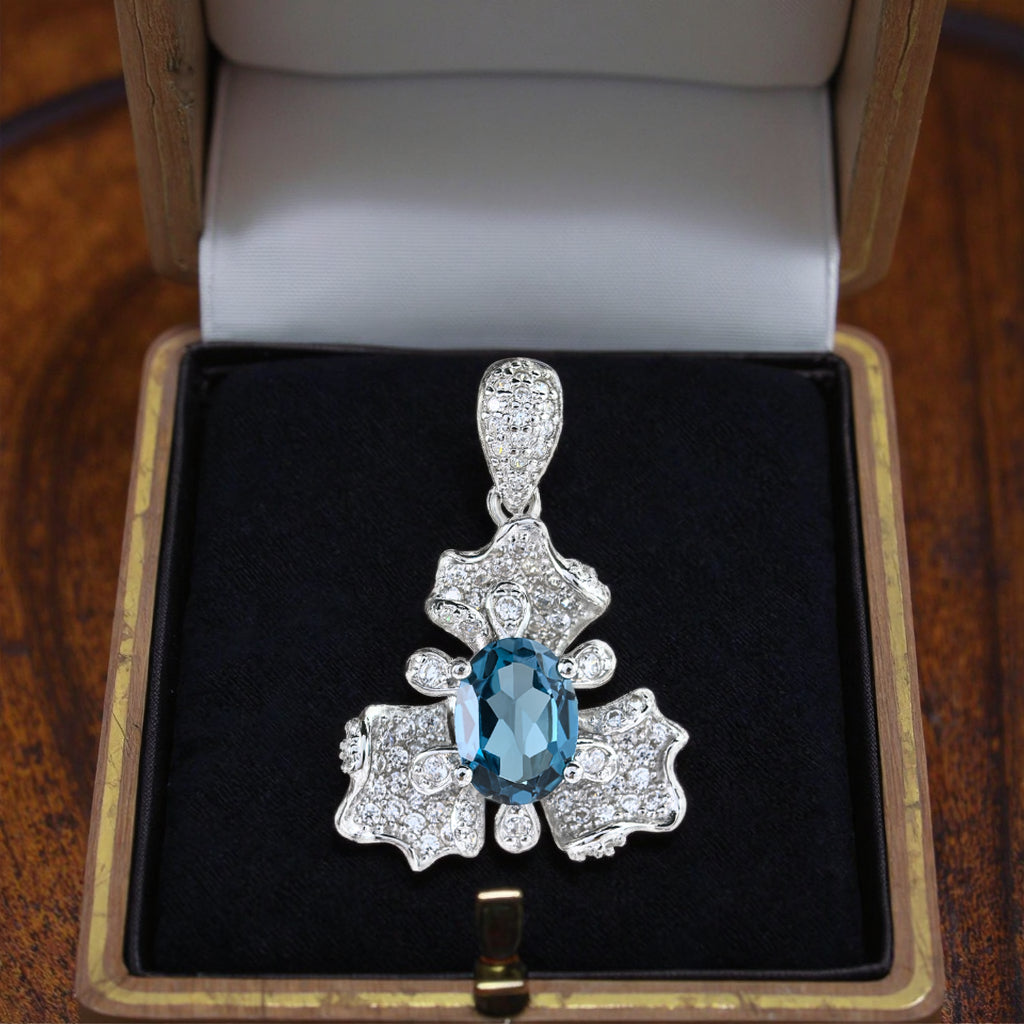 925 Sterling Silver Natural London Blue Topaz Pendant Delicate Rhodium Plated