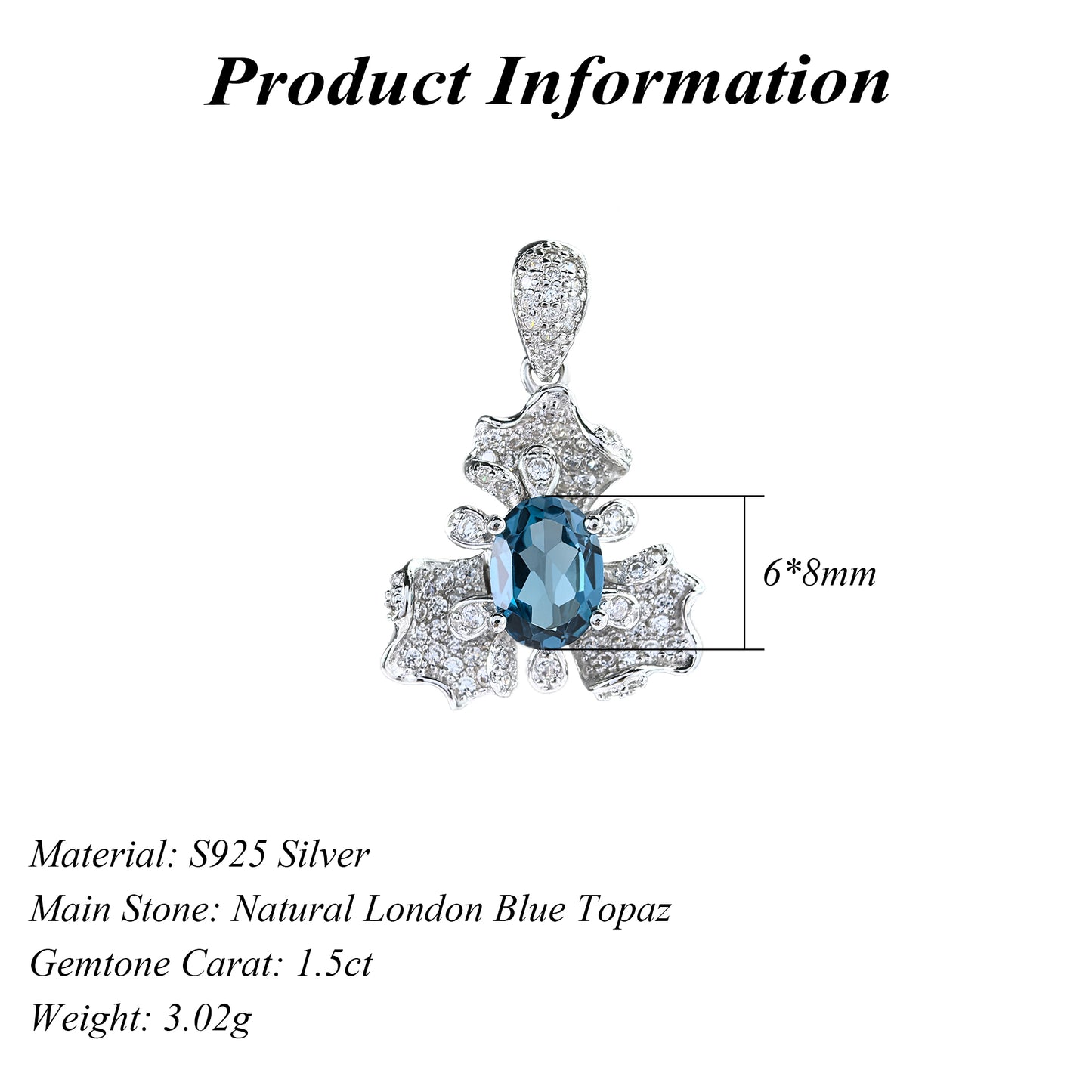 925 Sterling Silver Natural London Blue Topaz Pendant Delicate Rhodium Plated