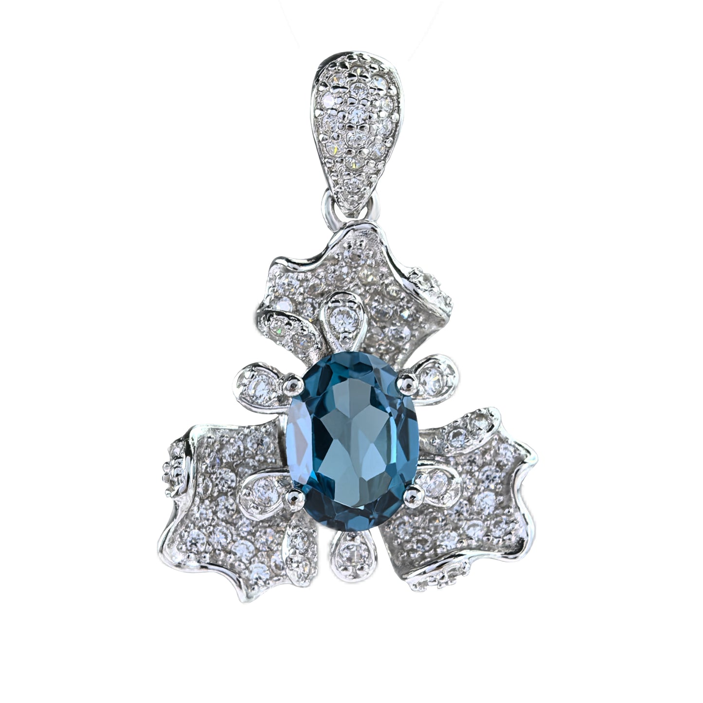 925 Sterling Silver Natural London Blue Topaz Pendant Delicate Rhodium Plated