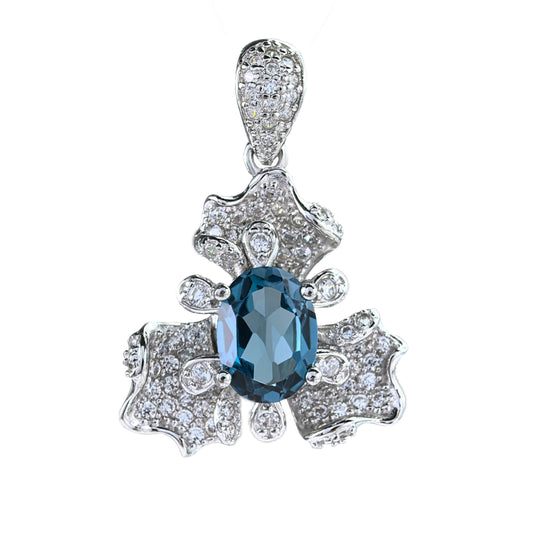 925 Sterling Silver Natural London Blue Topaz Pendant Delicate Rhodium Plated