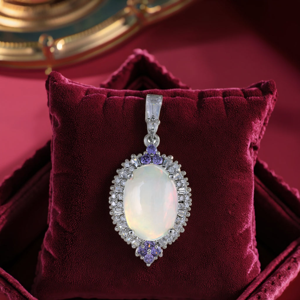 Opulent Rhodium Plated Plata Ley 925 Natural Opal Pendant Fine Jewellery