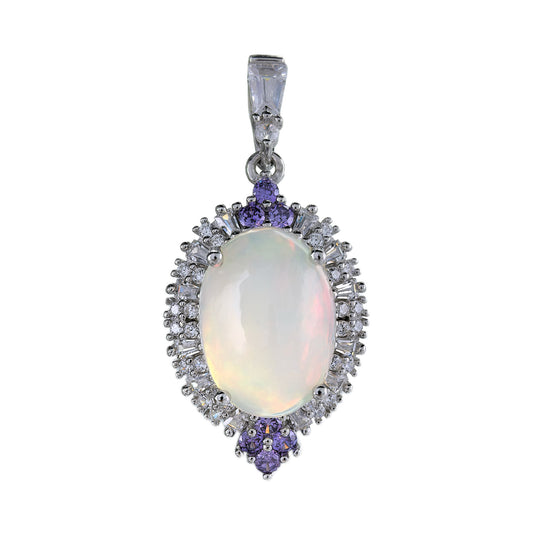 Opulent Rhodium Plated Plata Ley 925 Natural Opal Pendant Fine Jewellery