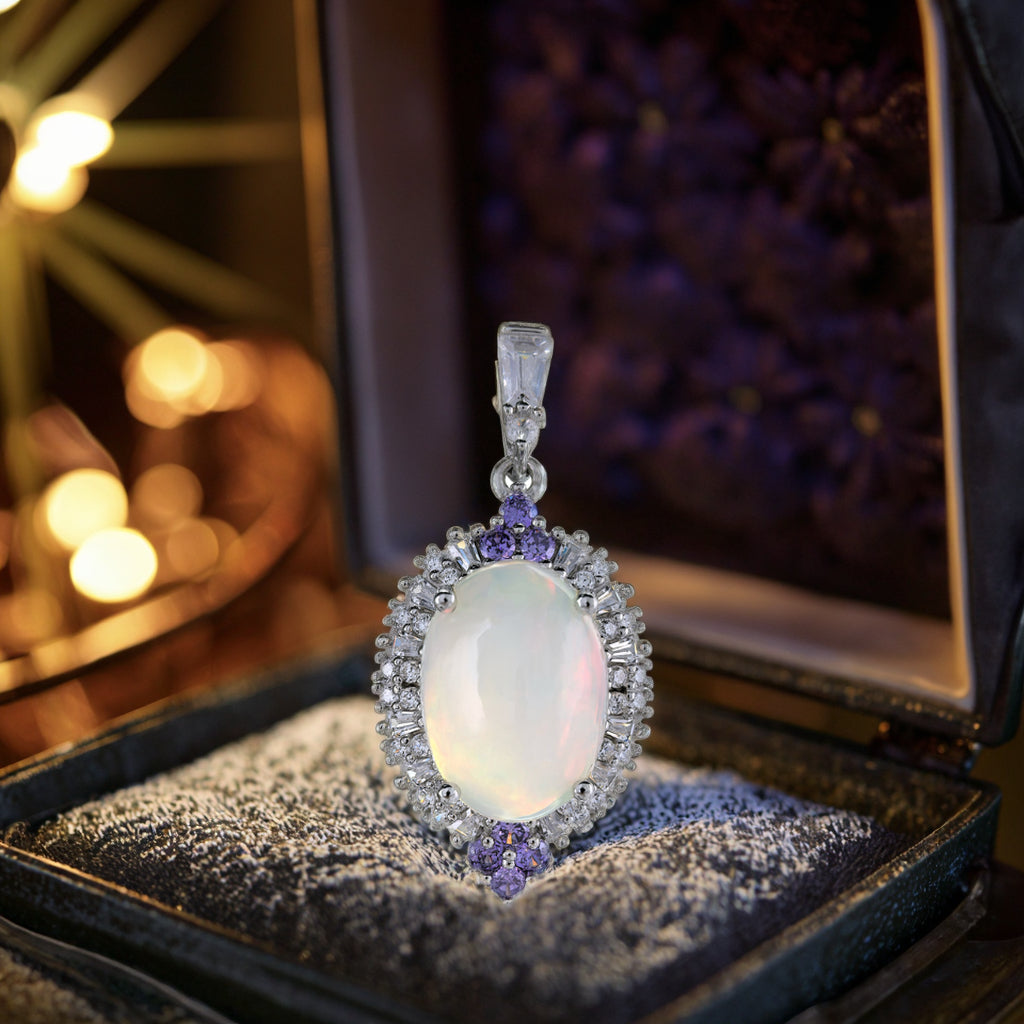 Opulent Rhodium Plated Plata Ley 925 Natural Opal Pendant Fine Jewellery