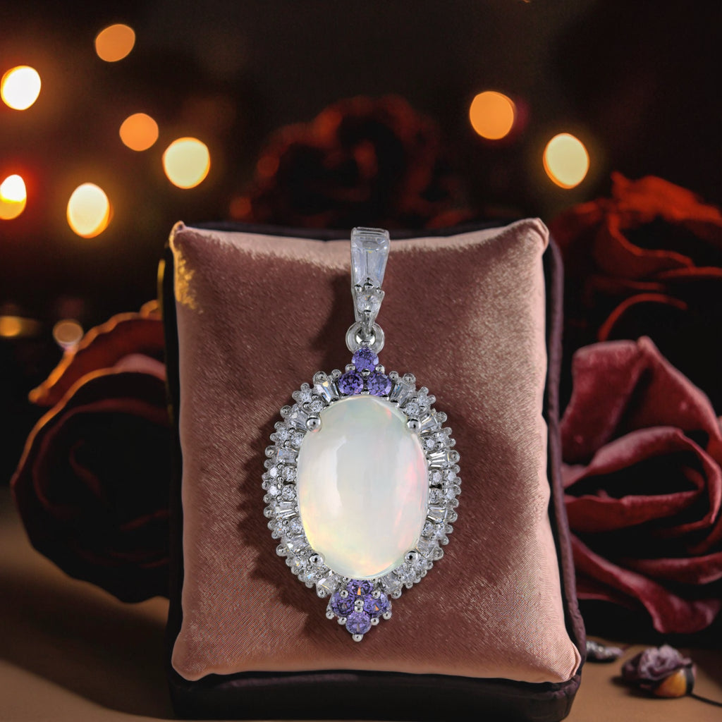 Opulent Rhodium Plated Plata Ley 925 Natural Opal Pendant Fine Jewellery