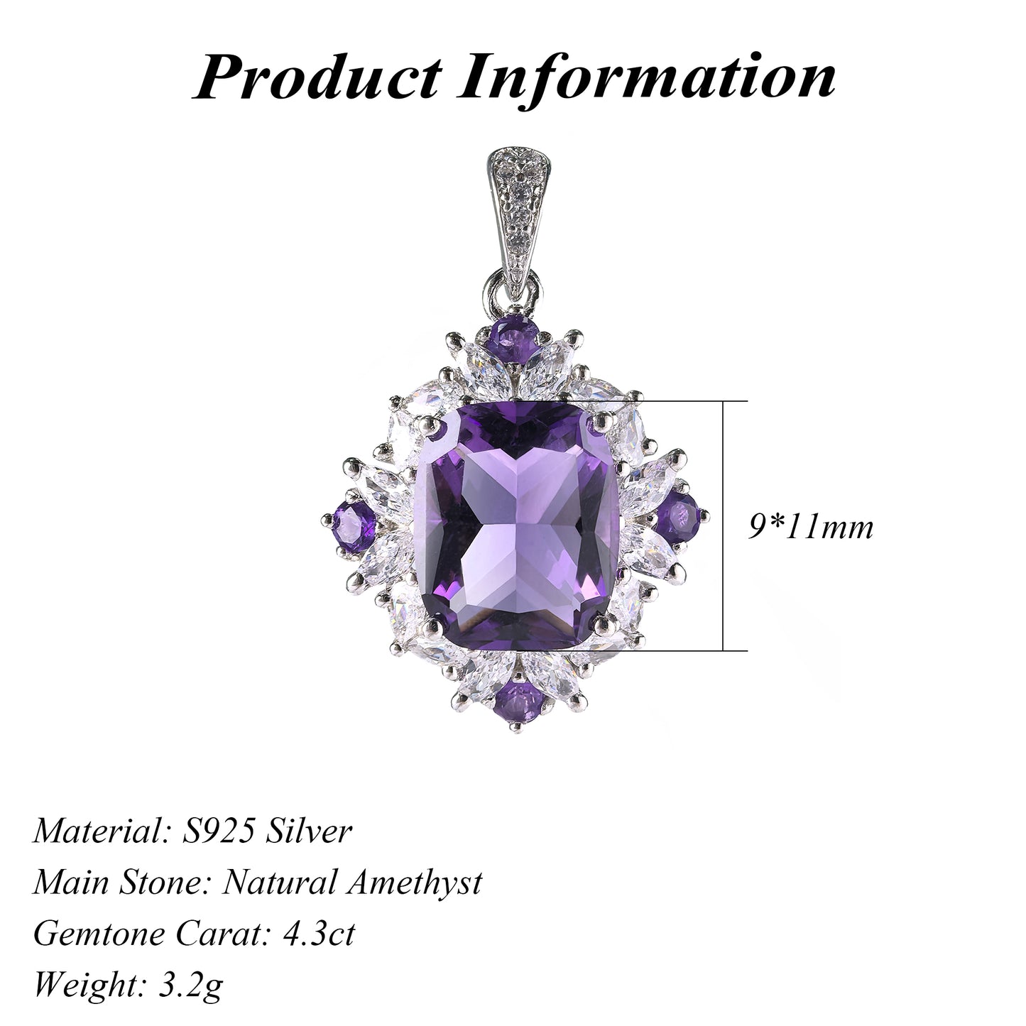 Dazzling Rhodium Plated 925 Silver Natural Amethyst Jewelry Charm