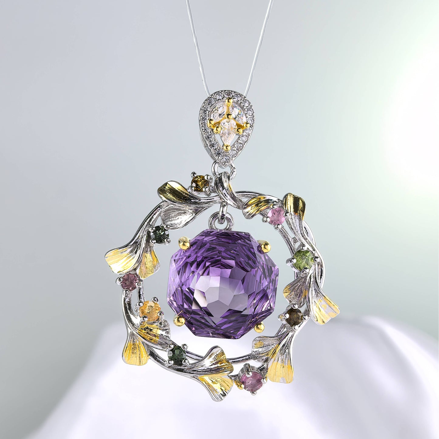 Graceful Dual Color Plated Silver 925 Natural Amethyst Garland Flower Pendant