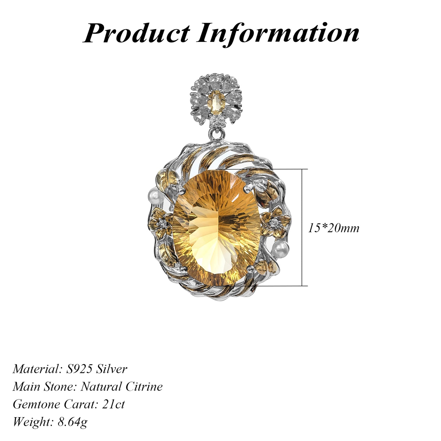 Sophisticated 925 Sterling Silver Citrine Pendant Dual Color Plated