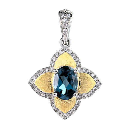 Elegant Rhodium and Gold Plated 925 Sterling Silver Natural London Blue Topaz Pendant