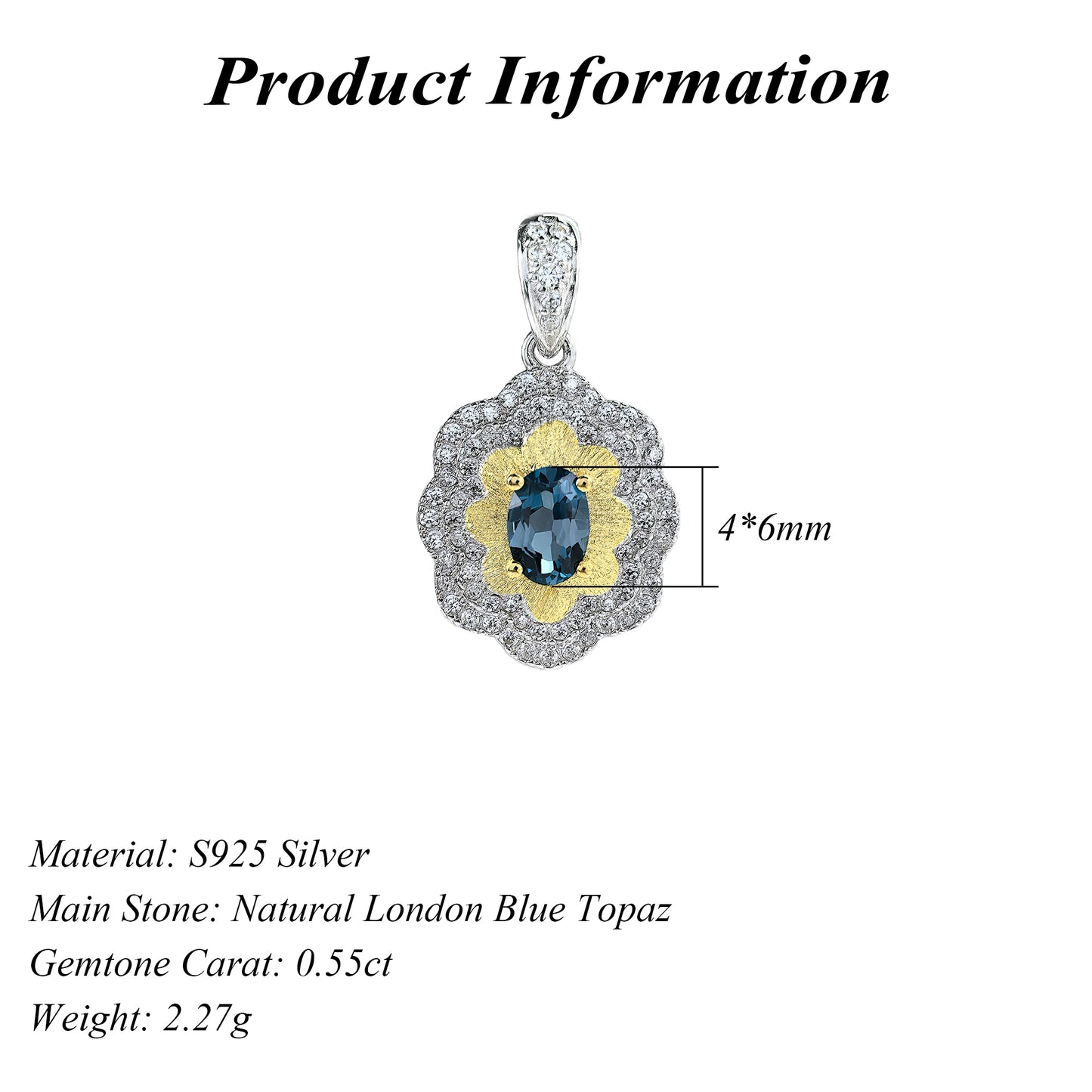 Delicate Rhodium Plated Silver 925 Natural London Blue Topaz Flower Pendant