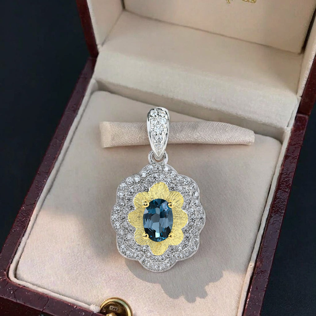Delicate Rhodium Plated Silver 925 Natural London Blue Topaz Flower Pendant