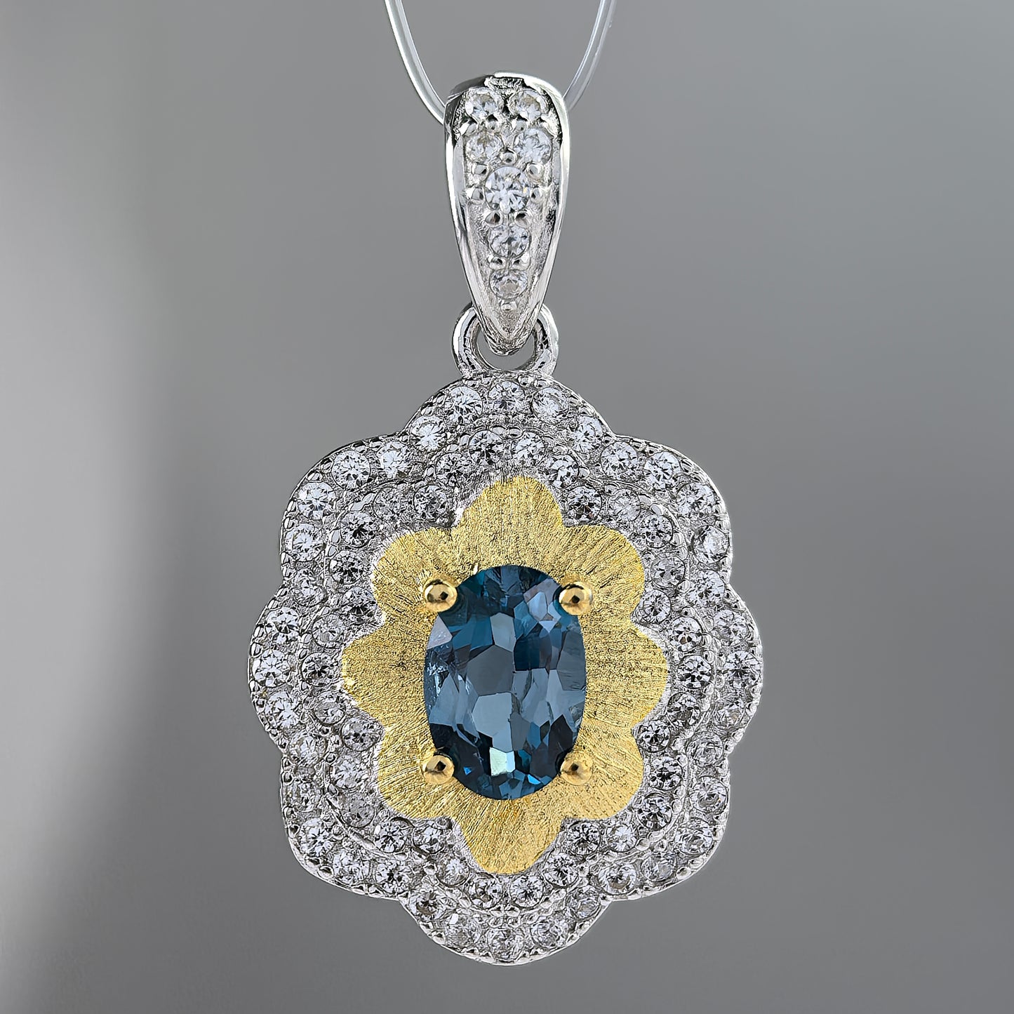 Delicate Rhodium Plated Silver 925 Natural London Blue Topaz Flower Pendant