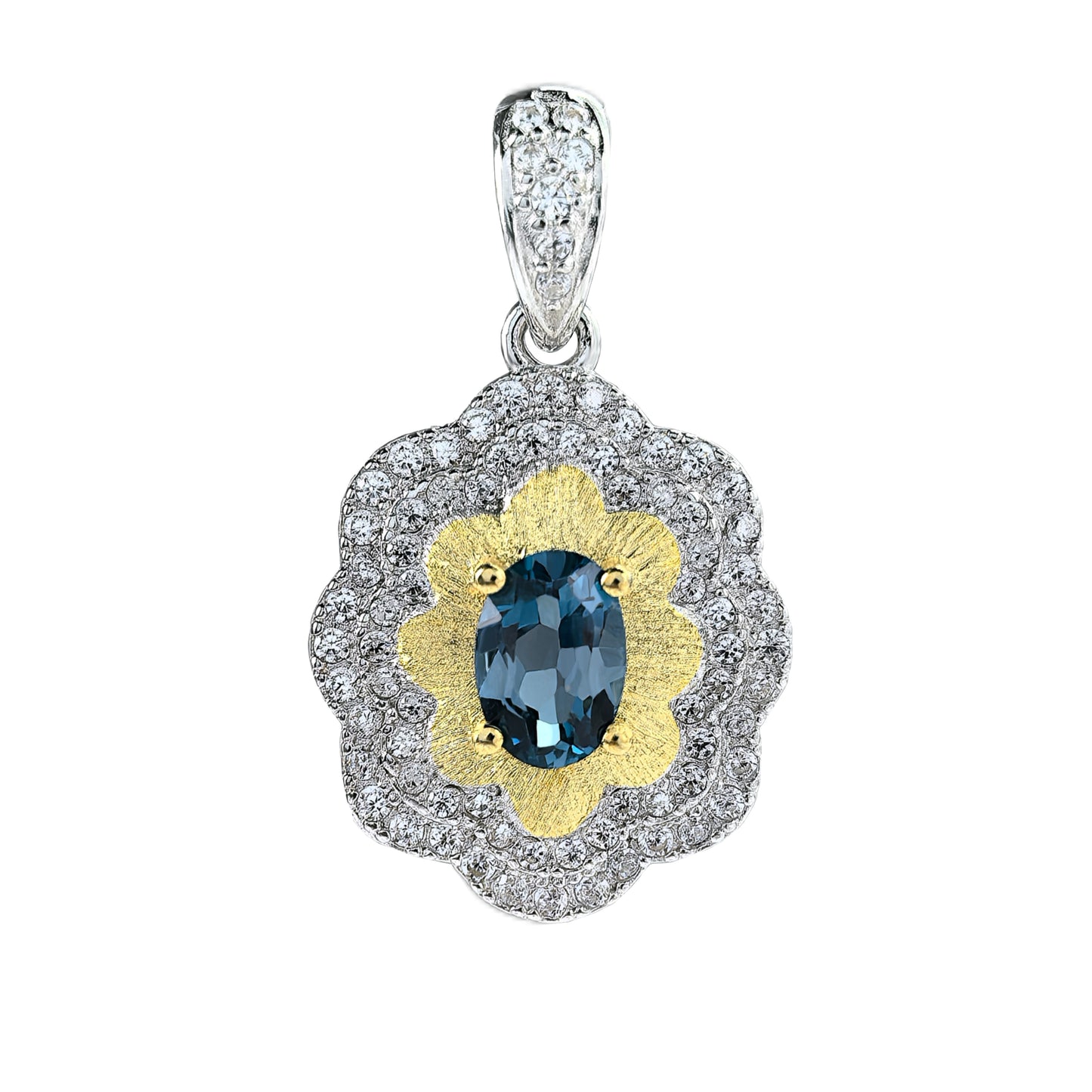 Delicate Rhodium Plated Silver 925 Natural London Blue Topaz Flower Pendant