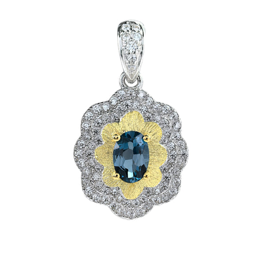Delicate Rhodium Plated Silver 925 Natural London Blue Topaz Flower Pendant