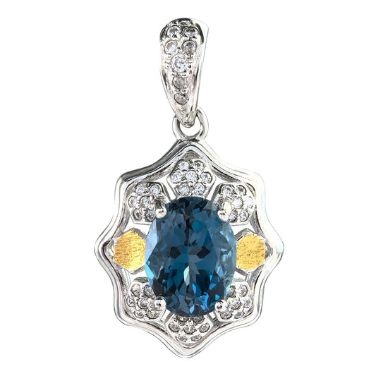 Gorgeous 925 Silver Natural London Blue Topaz Pendant Rhodium Gold Plated