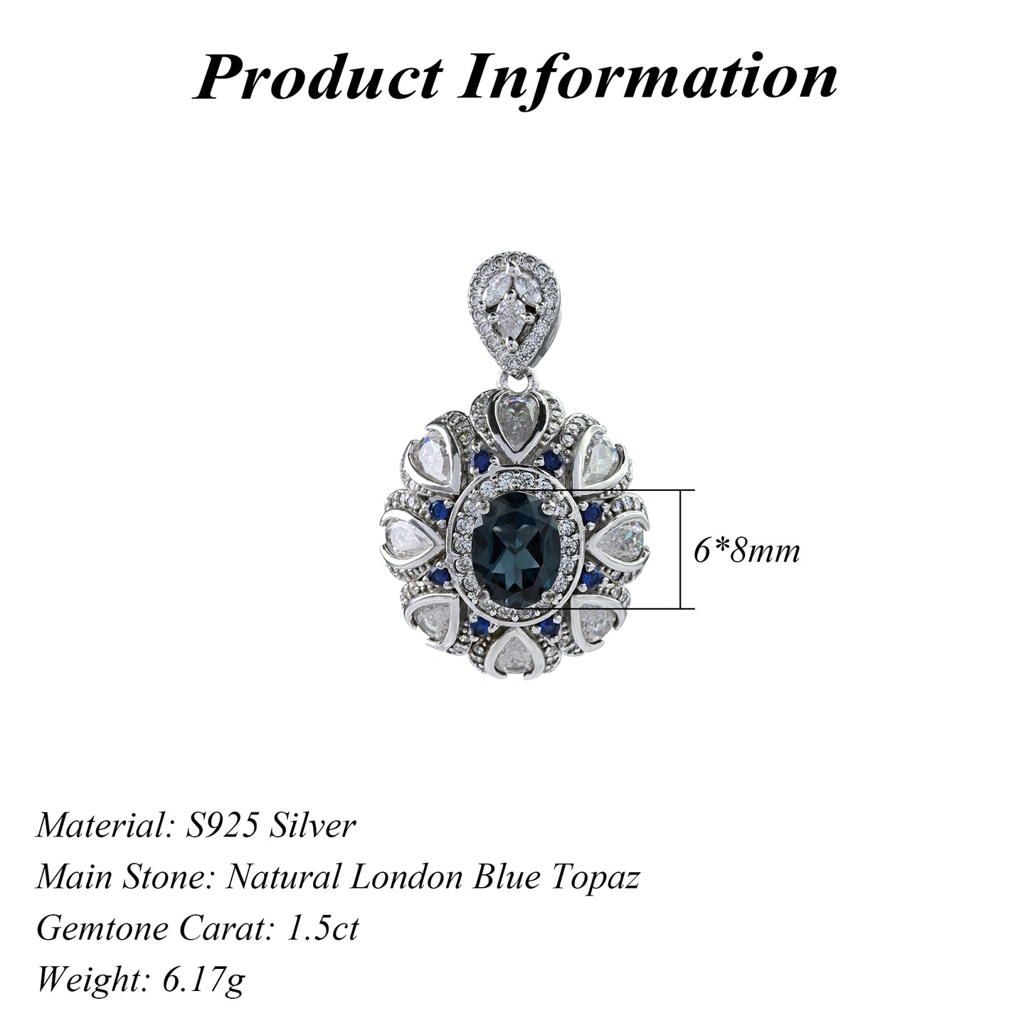 Vintage Rhodium Plated Silver 925 Jewelry Natural London Blue Topaz Pendant
