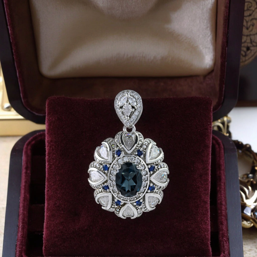 Vintage Rhodium Plated Silver 925 Jewelry Natural London Blue Topaz Pendant