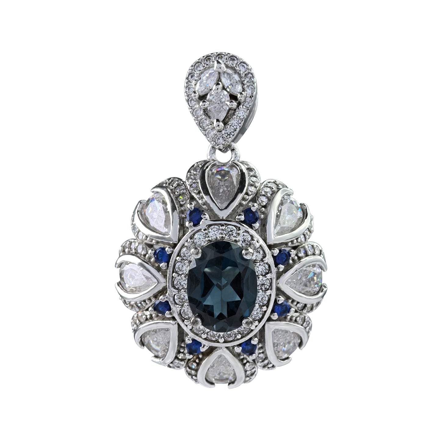 Vintage Rhodium Plated Silver 925 Jewelry Natural London Blue Topaz Pendant