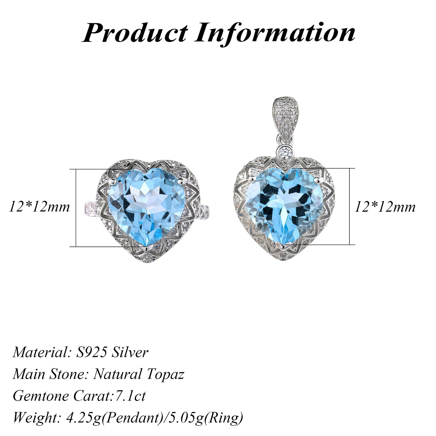 Romantic Rhodium Plated 925 Silver Natural Sky Blue Topaz Heart Cut Set